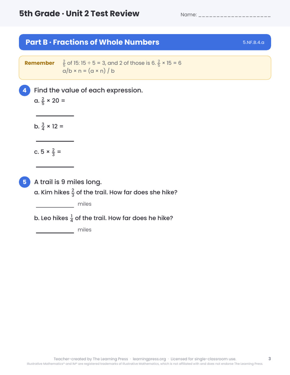 Preview page 2 of Illustrative Math (IM®) Aligned 5th Grade Unit 2 Test Review
