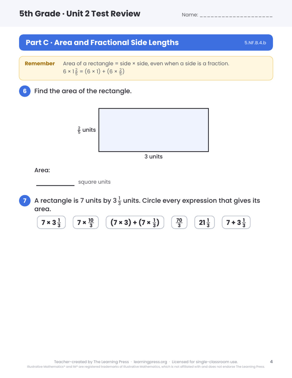 Preview page 3 of Illustrative Math (IM®) Aligned 5th Grade Unit 2 Test Review