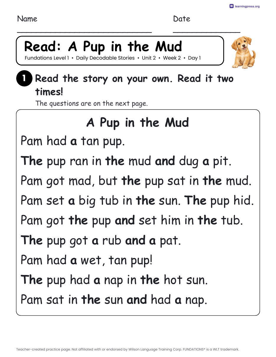 Preview page 1 of Fundations Level 1 Unit 2 Daily Decodable Stories