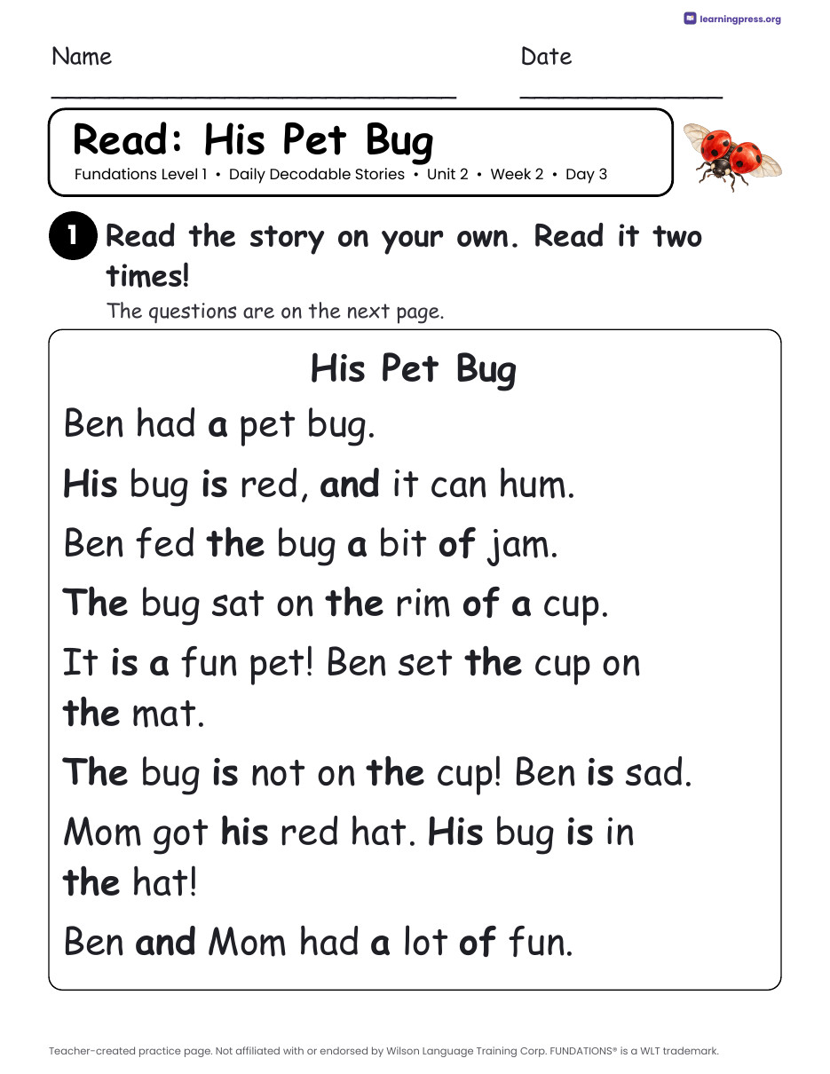 Preview page 3 of Fundations Level 1 Unit 2 Daily Decodable Stories