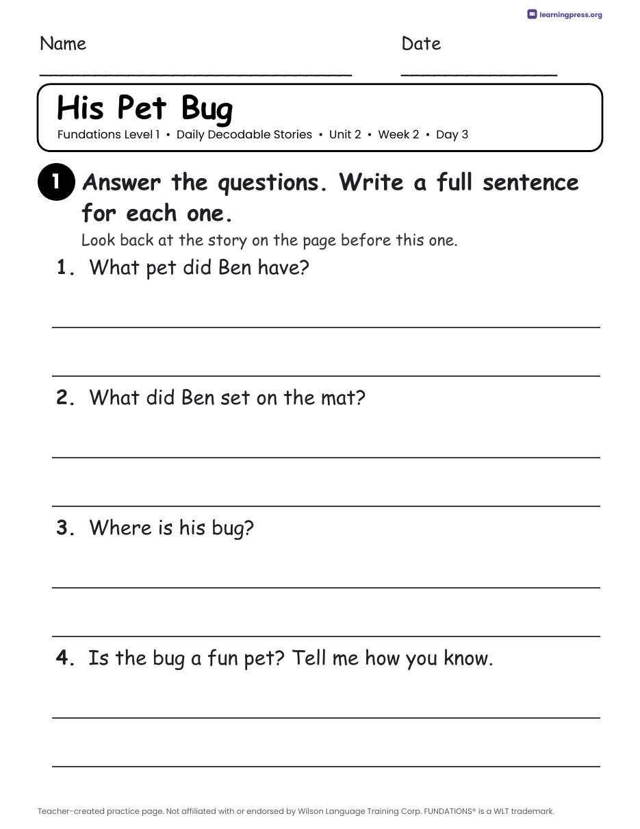 Preview page 4 of Fundations Level 1 Unit 2 Daily Decodable Stories