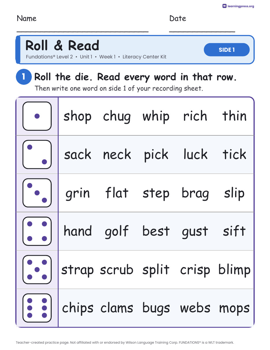 Preview page 1 of Fundations Level 2 Unit 1 Week 1 Literacy Center Kit