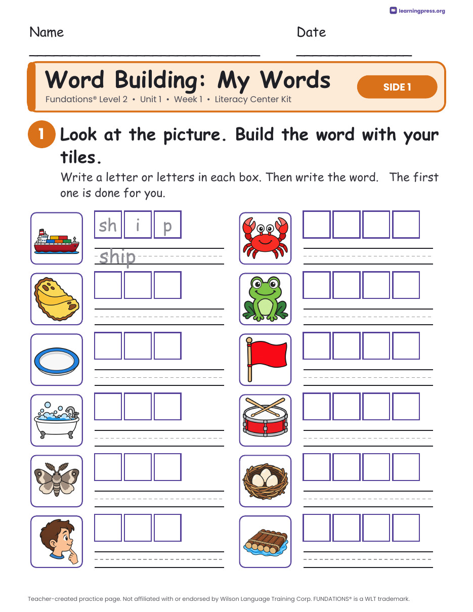 Preview page 2 of Fundations Level 2 Unit 1 Week 1 Literacy Center Kit