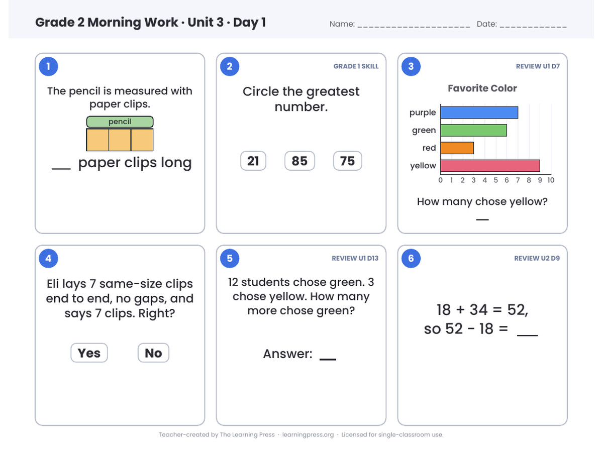 Preview page 1 of Illustrative Math (IM®) Aligned 2nd Grade Unit 3 Morning Work