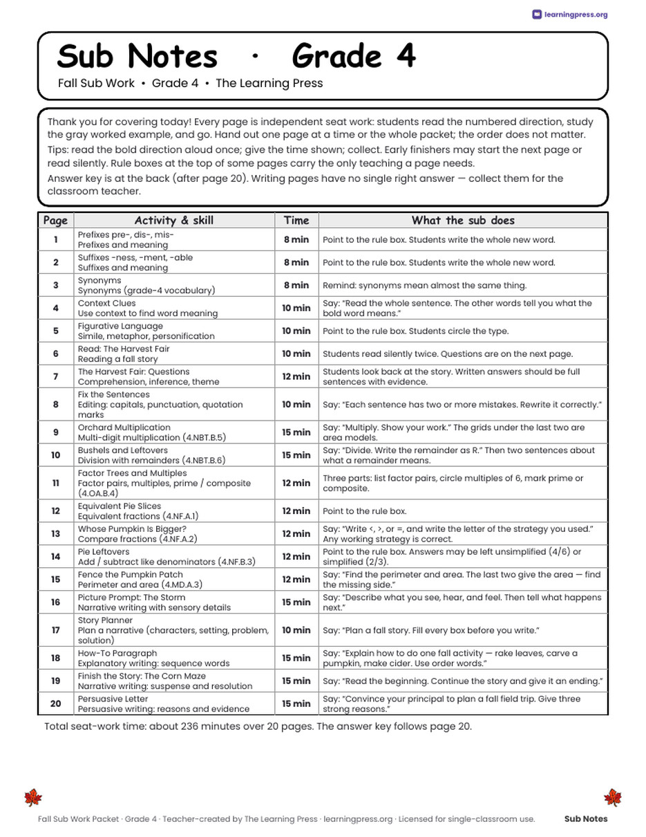 Preview page 2 of Fall Sub Work Packet · Grade 4