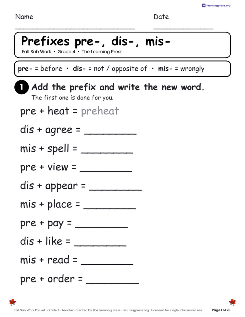 Preview page 3 of Fall Sub Work Packet · Grade 4