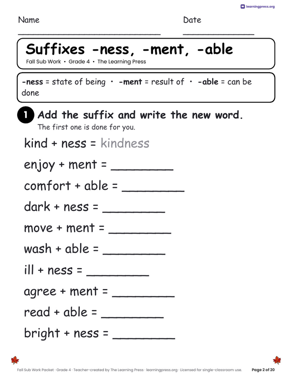 Preview page 4 of Fall Sub Work Packet · Grade 4