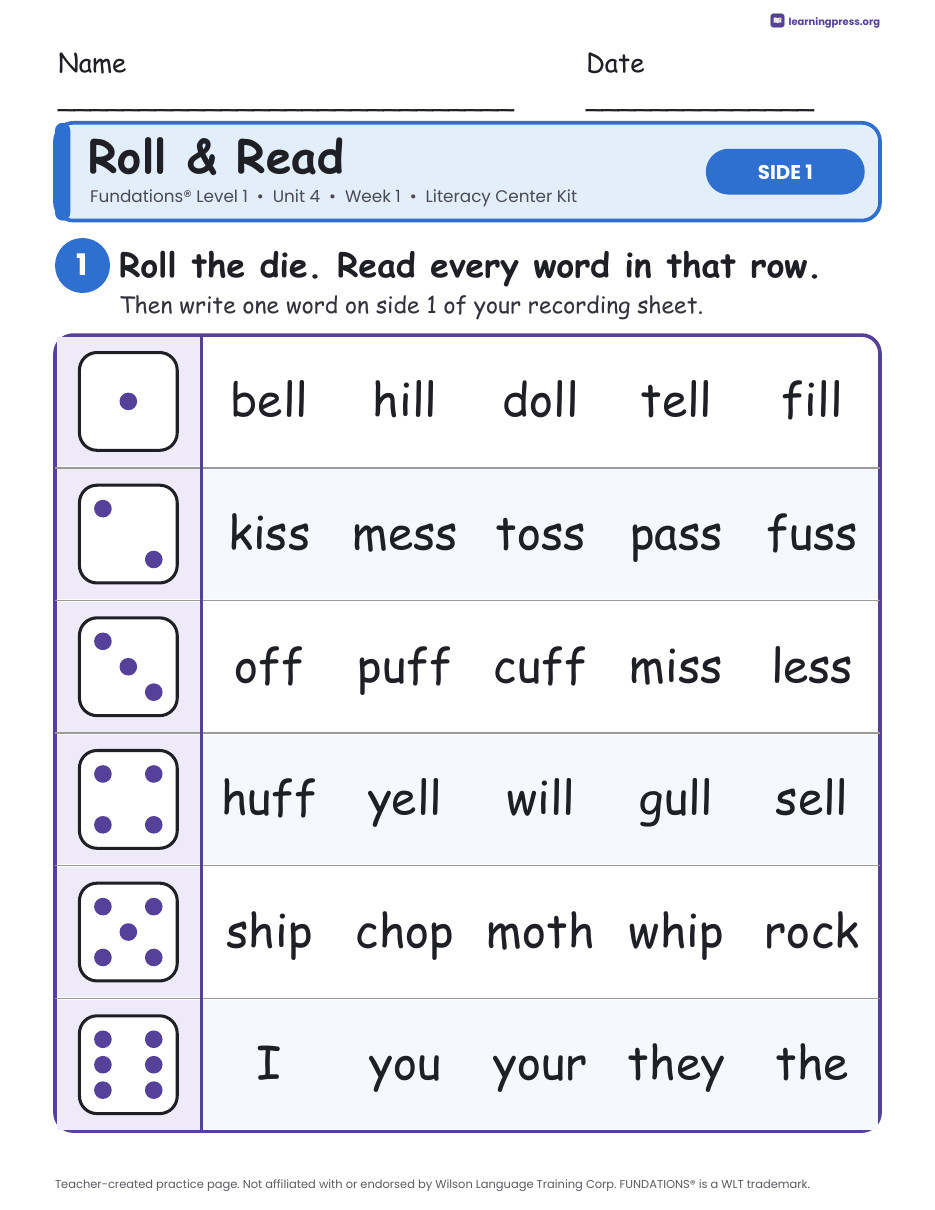 Preview page 1 of Fundations Level 1 Unit 4 Week 1 Literacy Center Kit