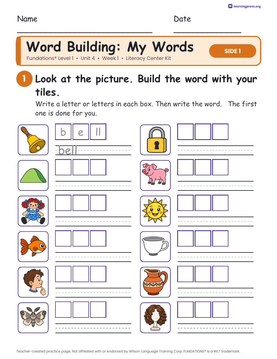 Preview page 2 of Fundations Level 1 Unit 4 Week 1 Literacy Center Kit
