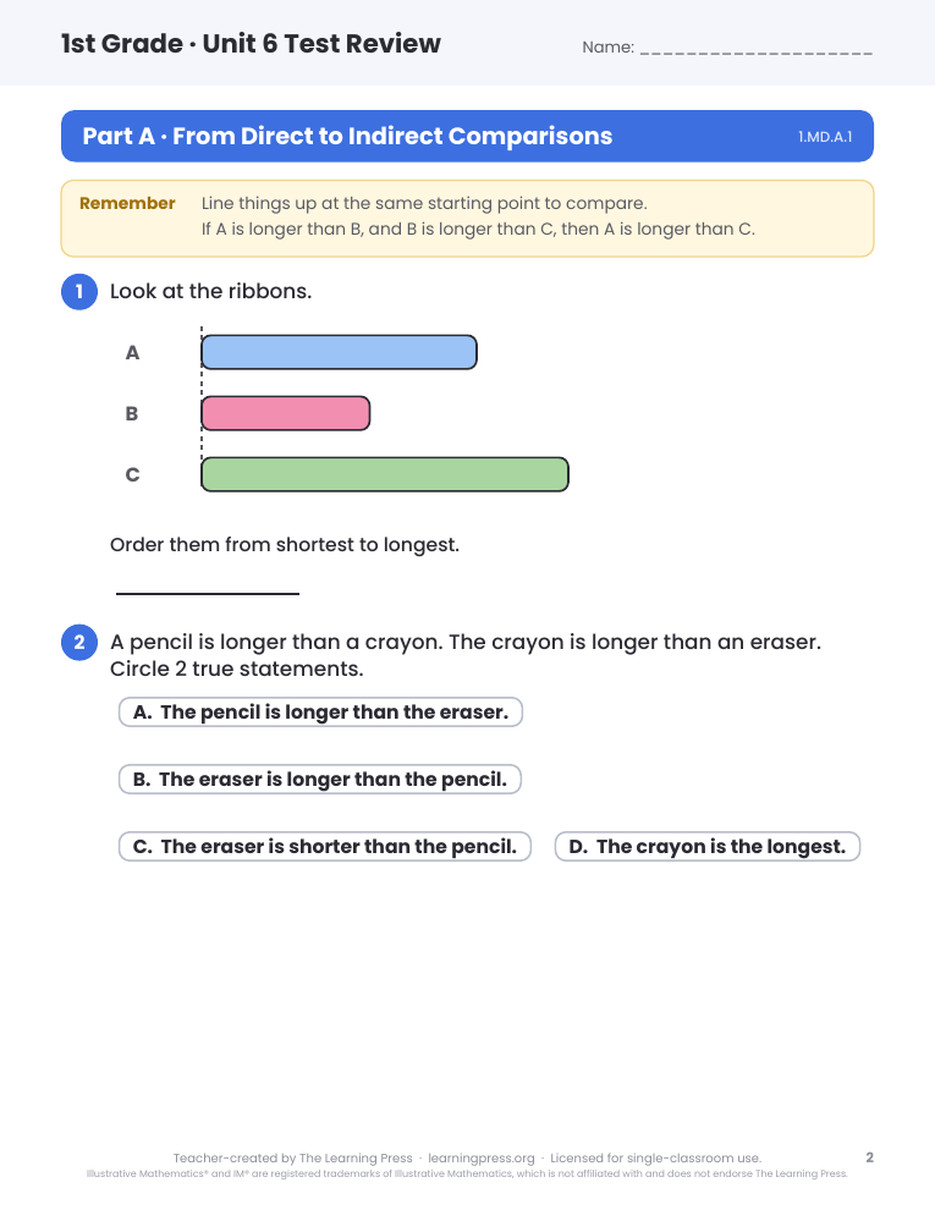 Preview page 1 of Illustrative Math (IM®) Aligned 1st Grade Unit 6 Test Review