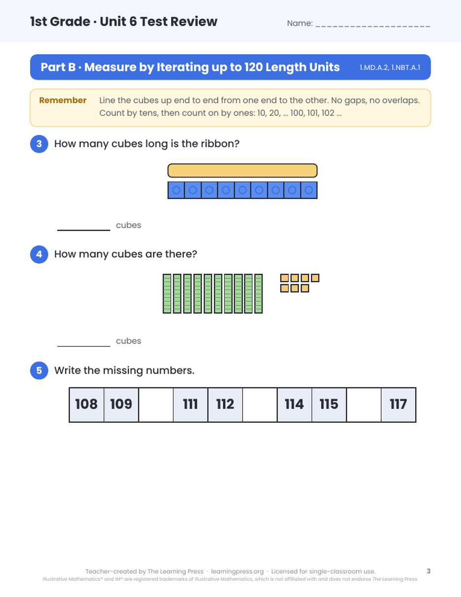 Preview page 2 of Illustrative Math (IM®) Aligned 1st Grade Unit 6 Test Review