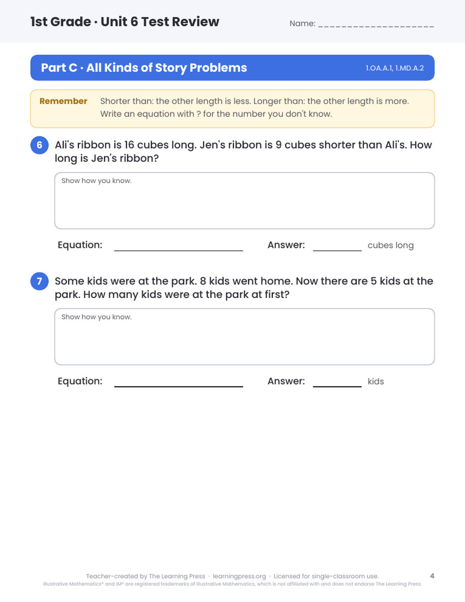 Preview page 3 of Illustrative Math (IM®) Aligned 1st Grade Unit 6 Test Review