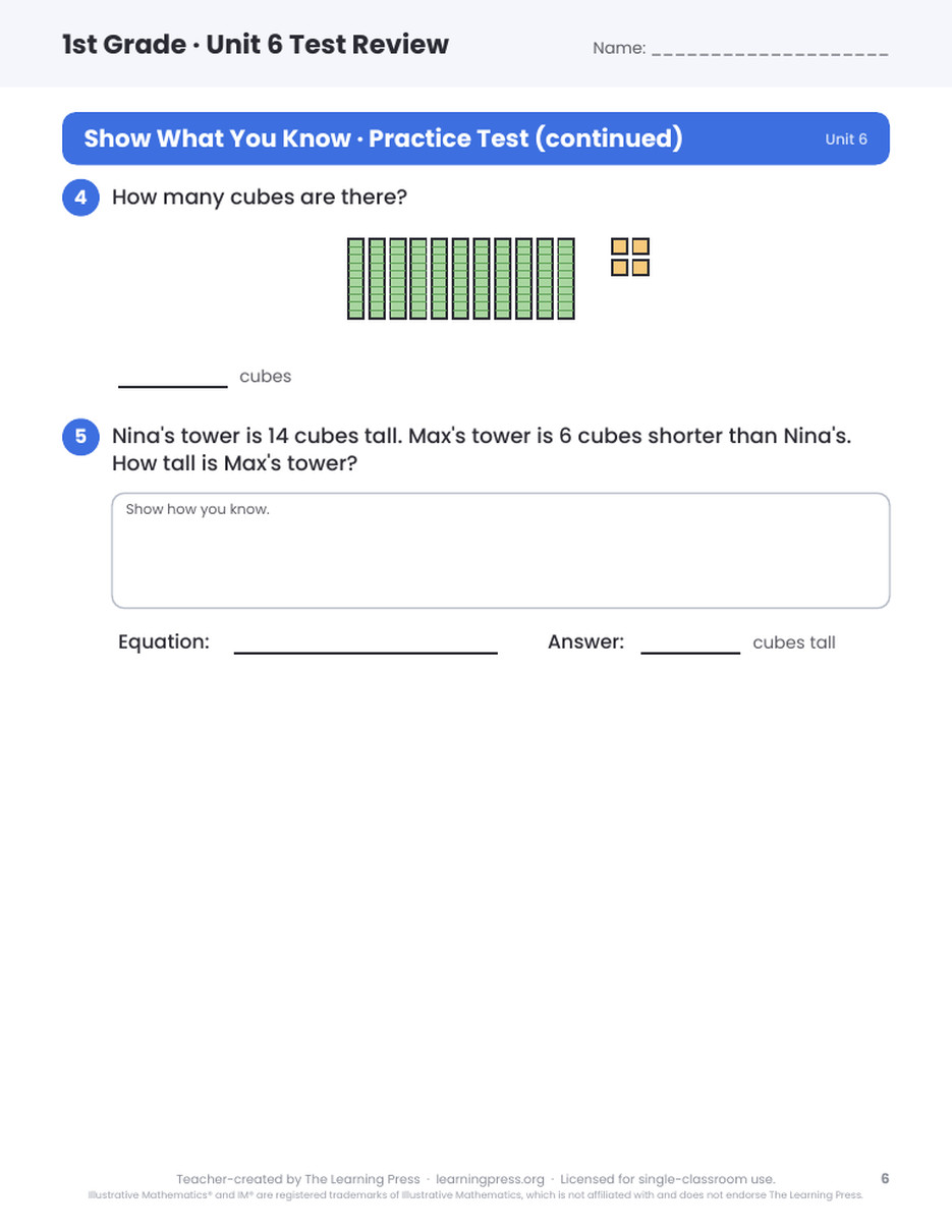 Preview page 4 of Illustrative Math (IM®) Aligned 1st Grade Unit 6 Test Review