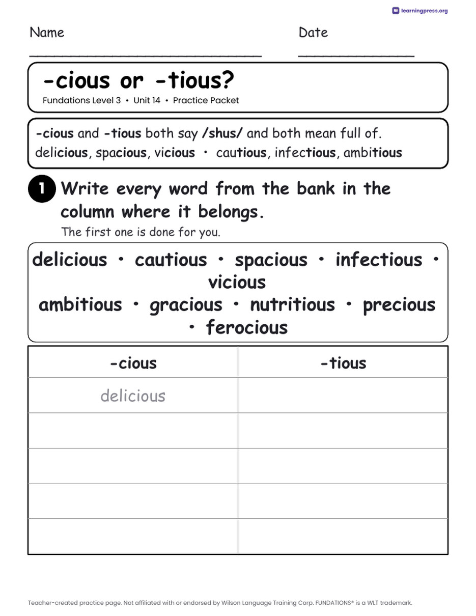 Preview page 2 of Fundations Level 3 Unit 14 Practice Packet