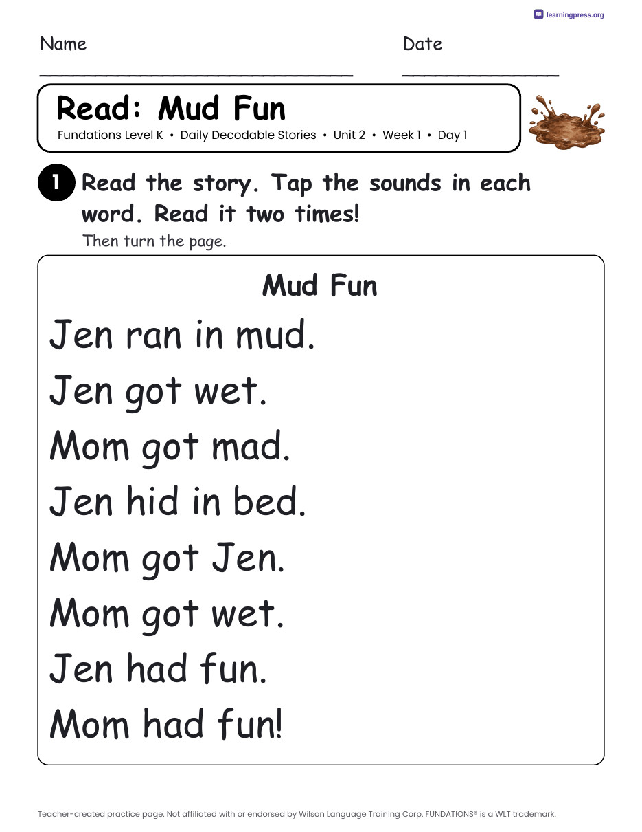 Preview page 1 of Fundations Level K Unit 2 Daily Decodable Stories