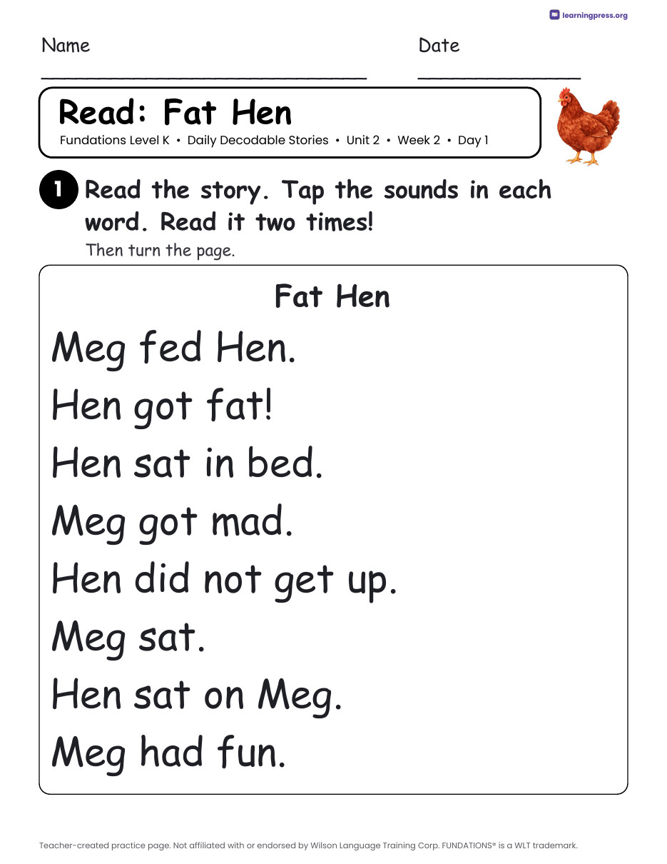 Preview page 2 of Fundations Level K Unit 2 Daily Decodable Stories