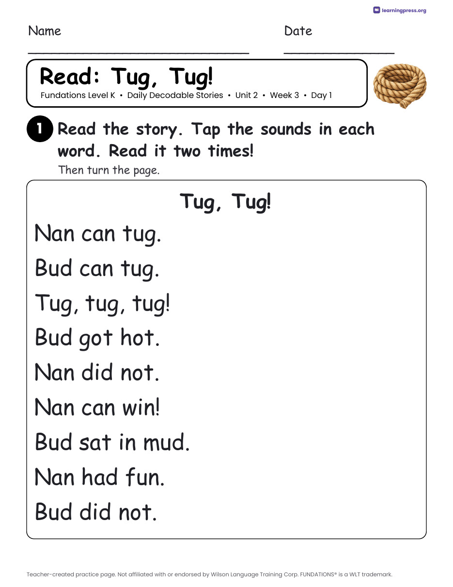 Preview page 3 of Fundations Level K Unit 2 Daily Decodable Stories