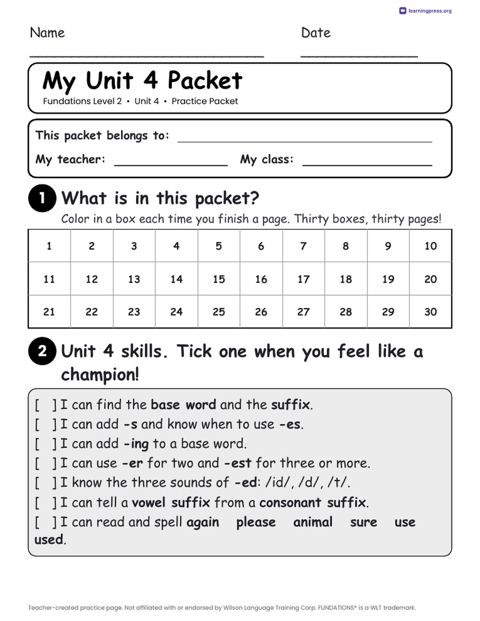 Preview page 1 of Fundations Level 2 Unit 4 Practice Packet