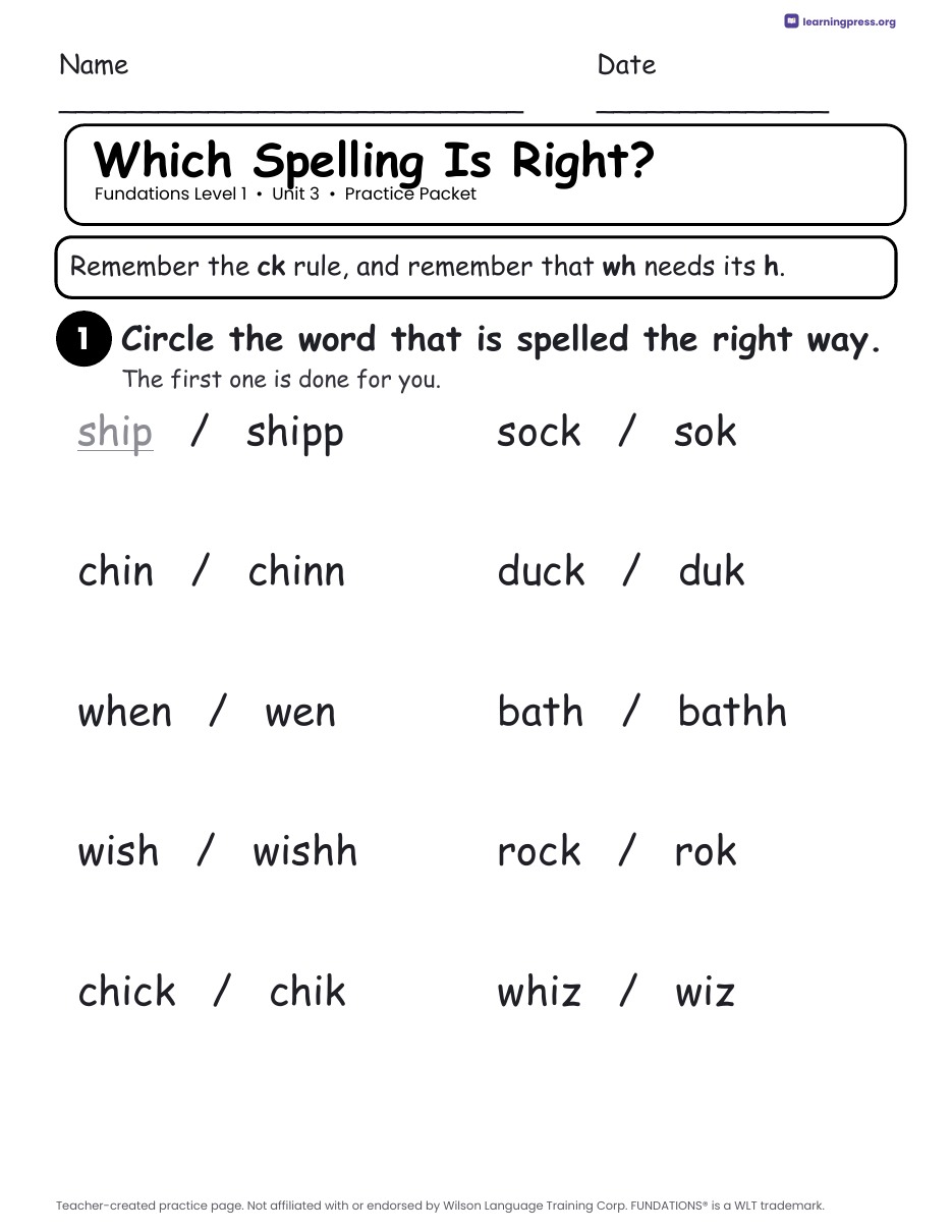 Preview page 2 of Fundations Level 1 Unit 3 Practice Packet