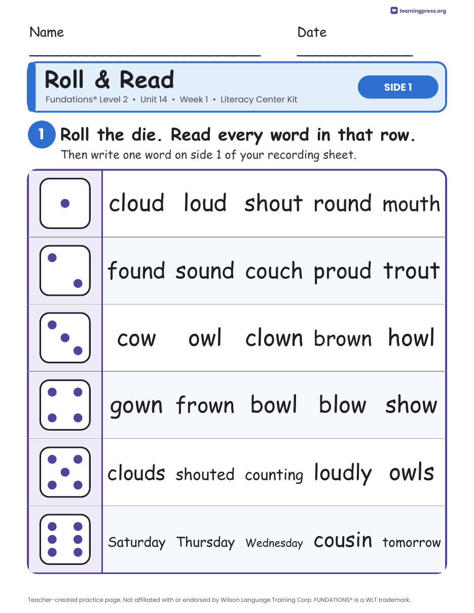 Preview page 1 of Fundations Level 2 Unit 14 Week 1 Literacy Center Kit