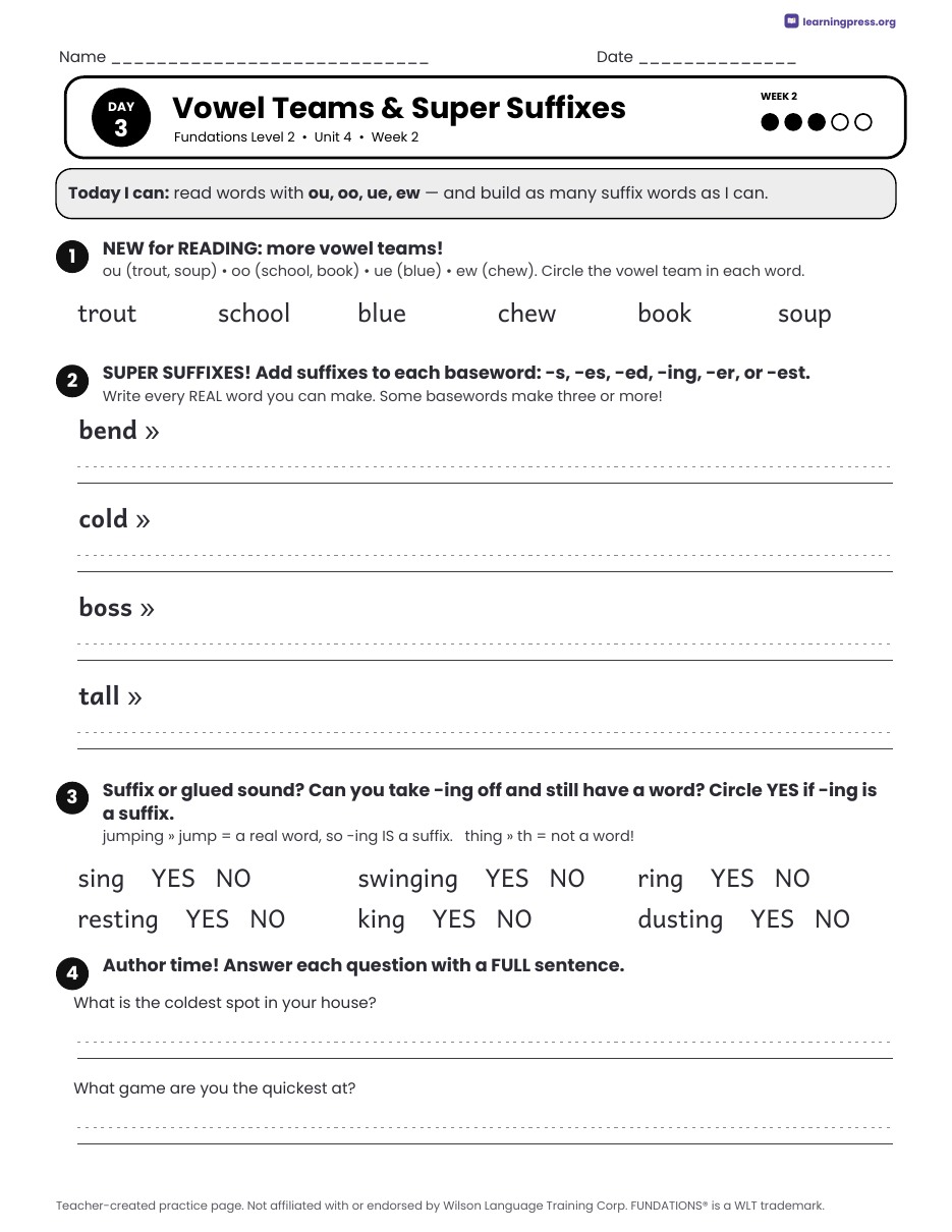 Preview page 4 of Fundations Level 2 Unit 4 Daily Lesson Work Pages