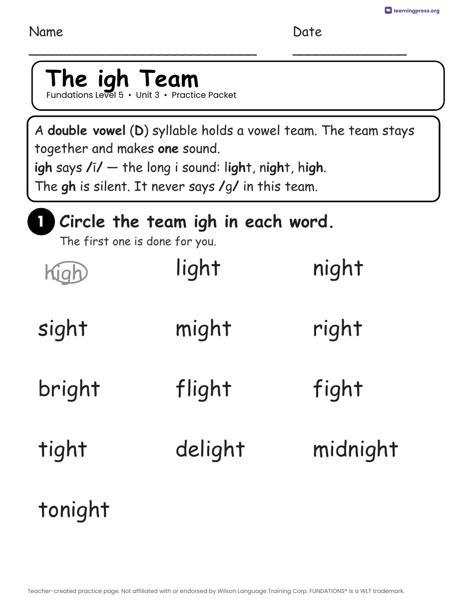Preview page 1 of Fundations Level 5 Unit 3 Practice Packet