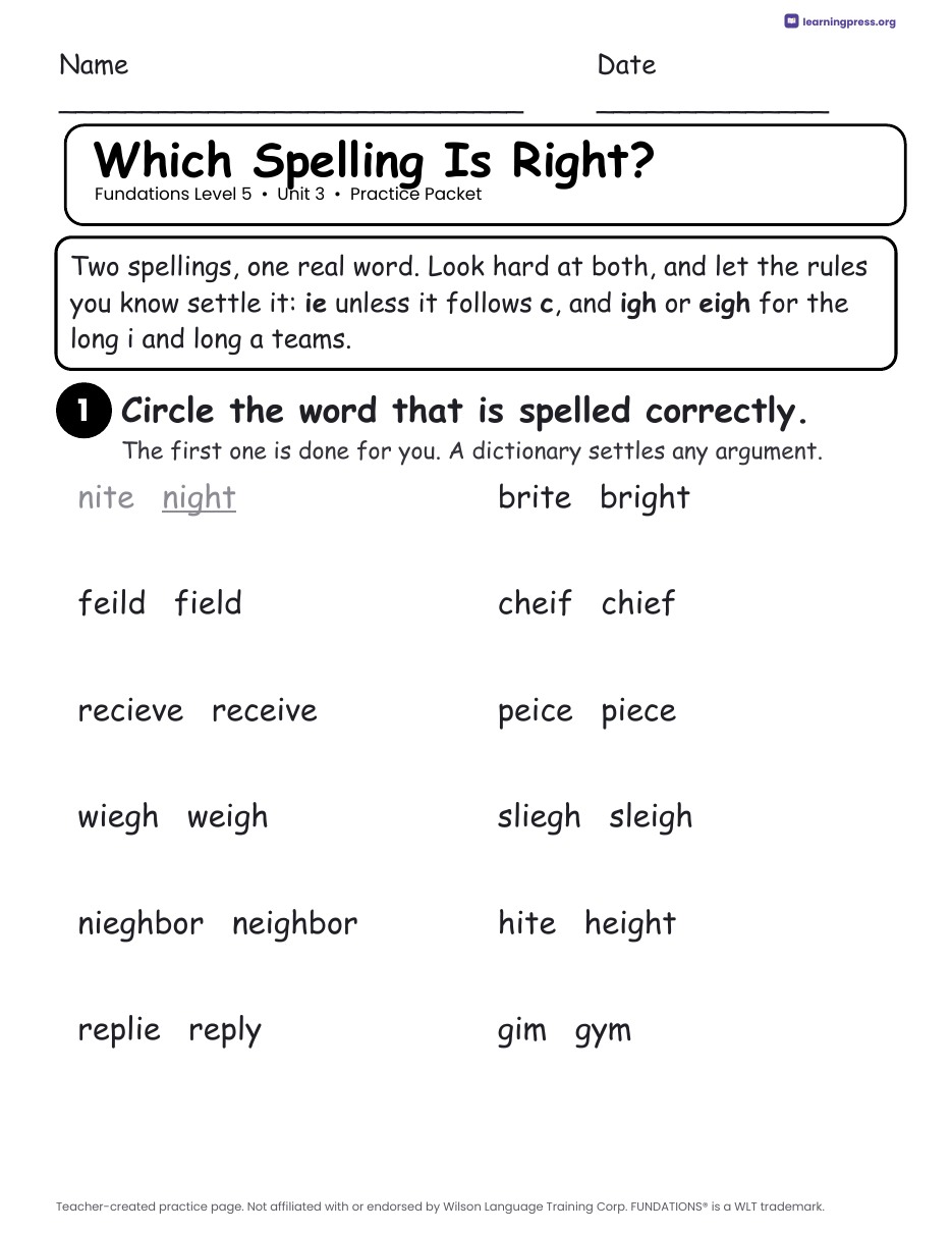Preview page 2 of Fundations Level 5 Unit 3 Practice Packet