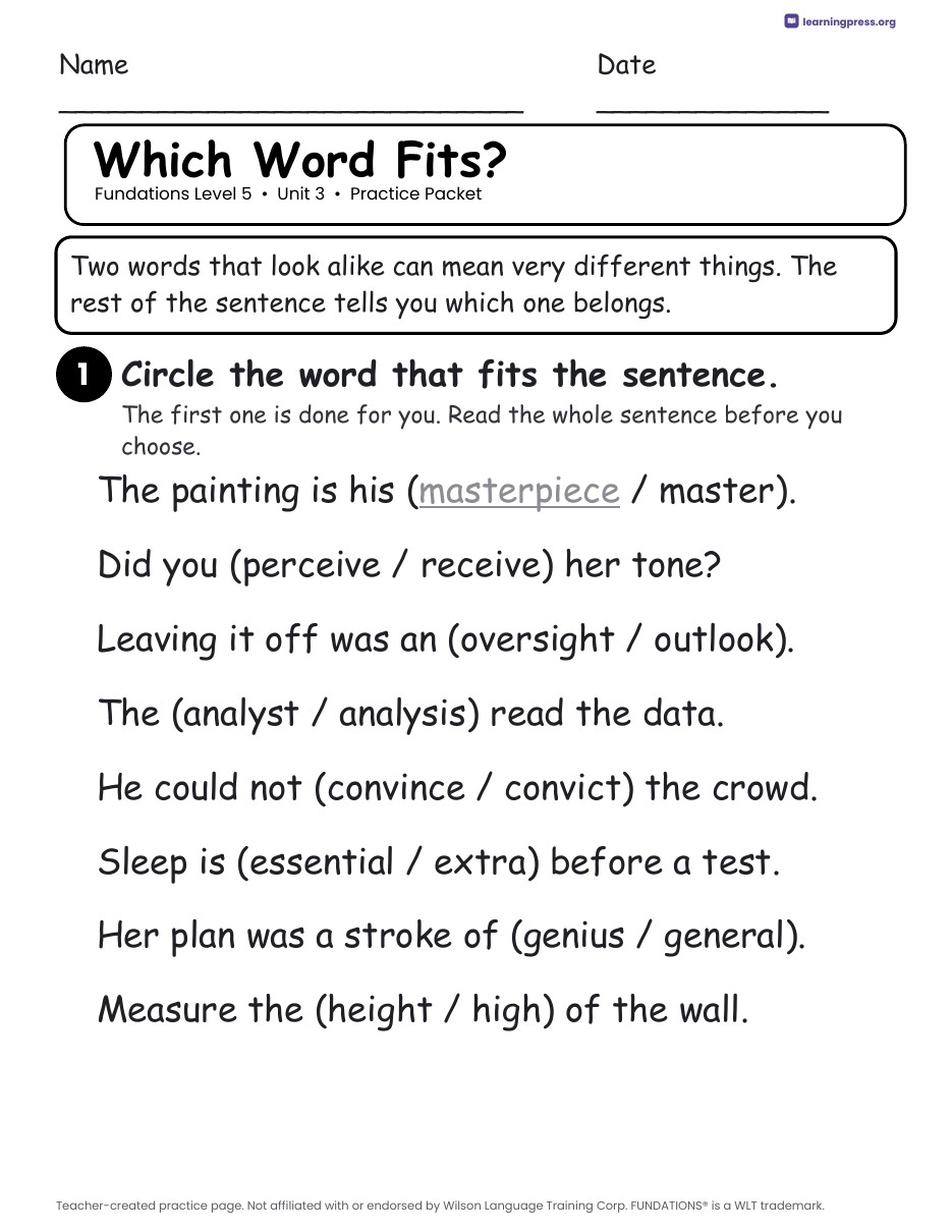 Preview page 3 of Fundations Level 5 Unit 3 Practice Packet