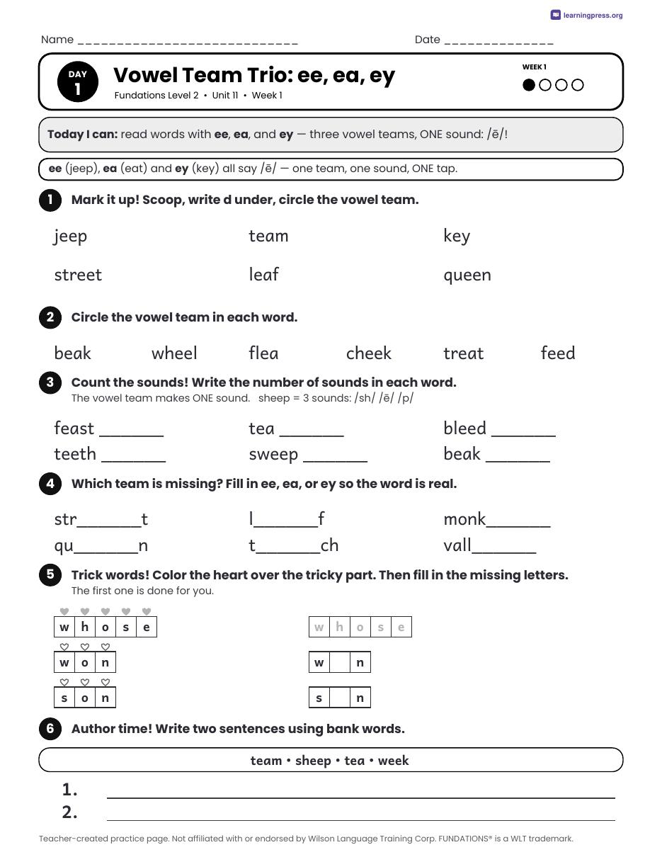 Preview page 1 of Fundations Level 2 Unit 11 Daily Lesson Work Pages