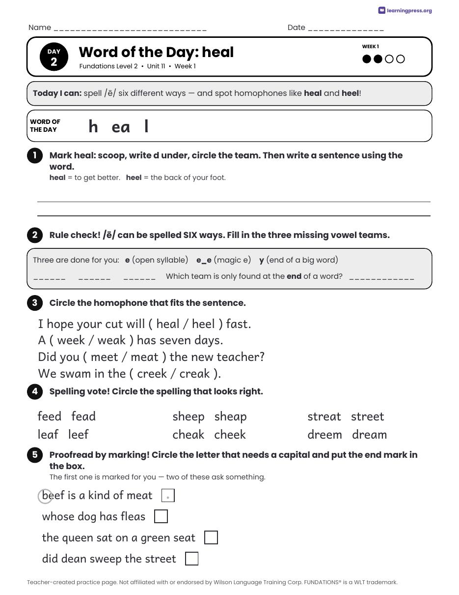 Preview page 2 of Fundations Level 2 Unit 11 Daily Lesson Work Pages