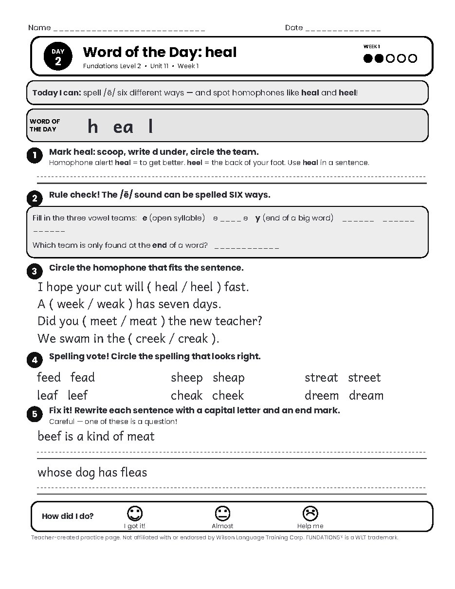 Preview page 3 of Fundations Level 2 Unit 11 Practice Pack