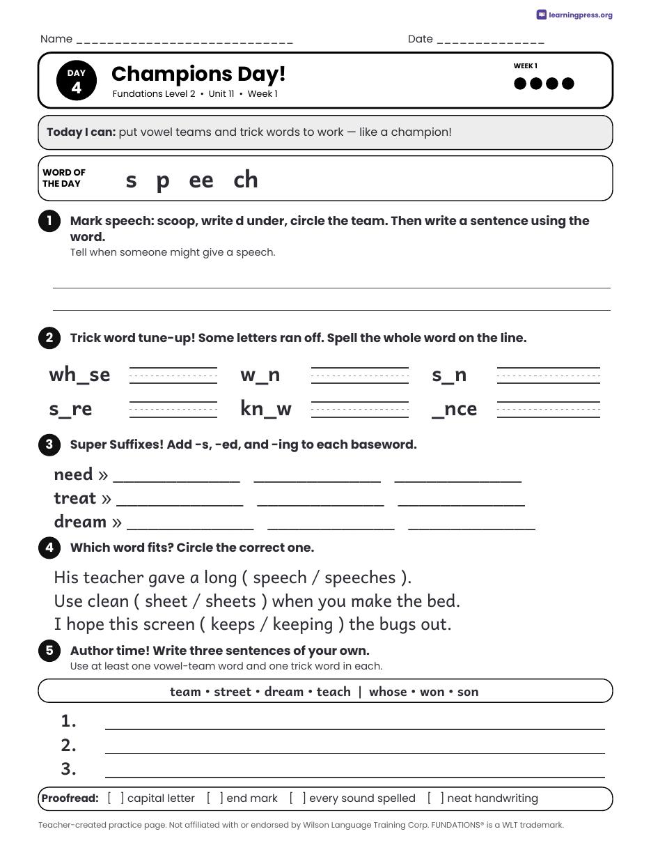 Preview page 4 of Fundations Level 2 Unit 11 Daily Lesson Work Pages