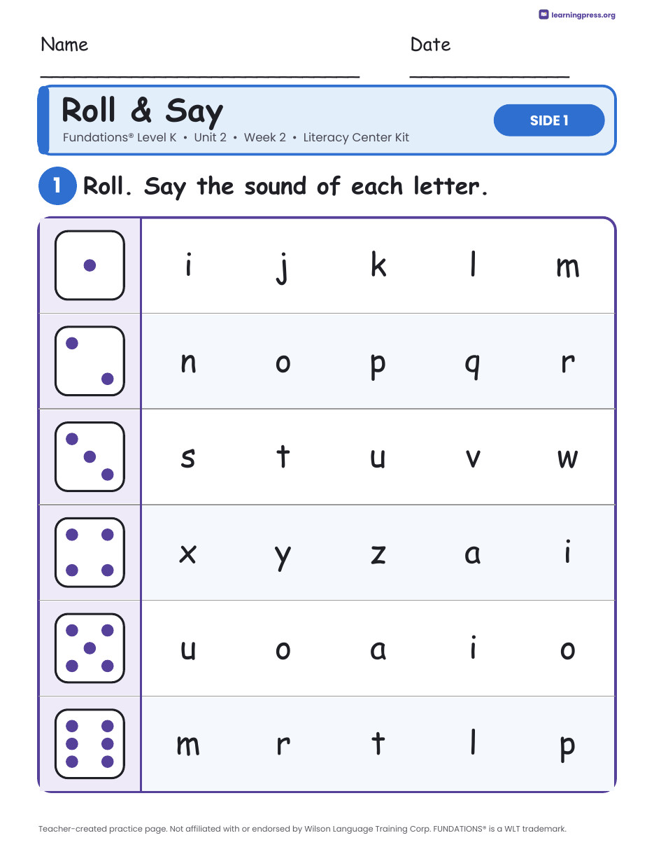 Preview page 1 of Fundations Level K Unit 2 Week 2 Literacy Center Kit