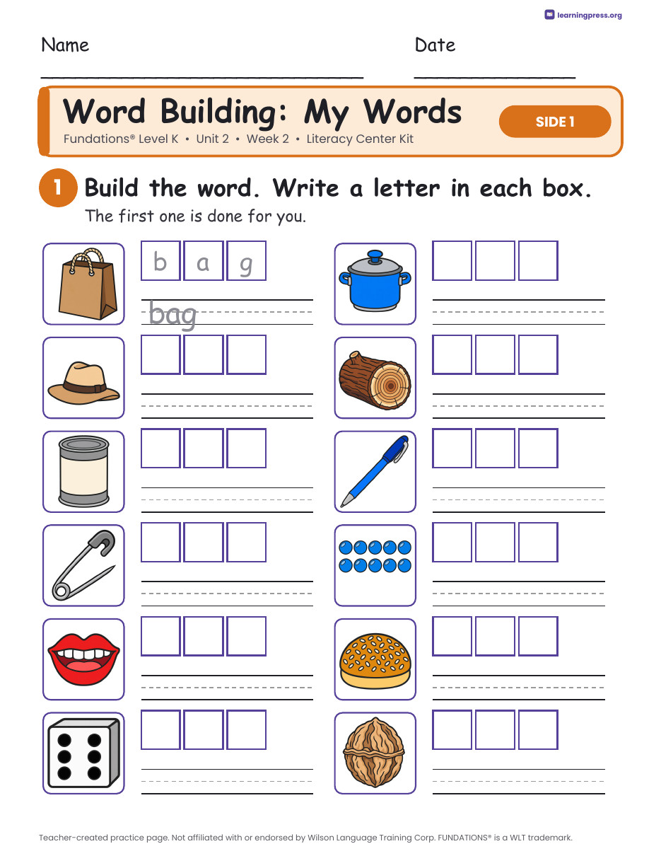 Preview page 2 of Fundations Level K Unit 2 Week 2 Literacy Center Kit