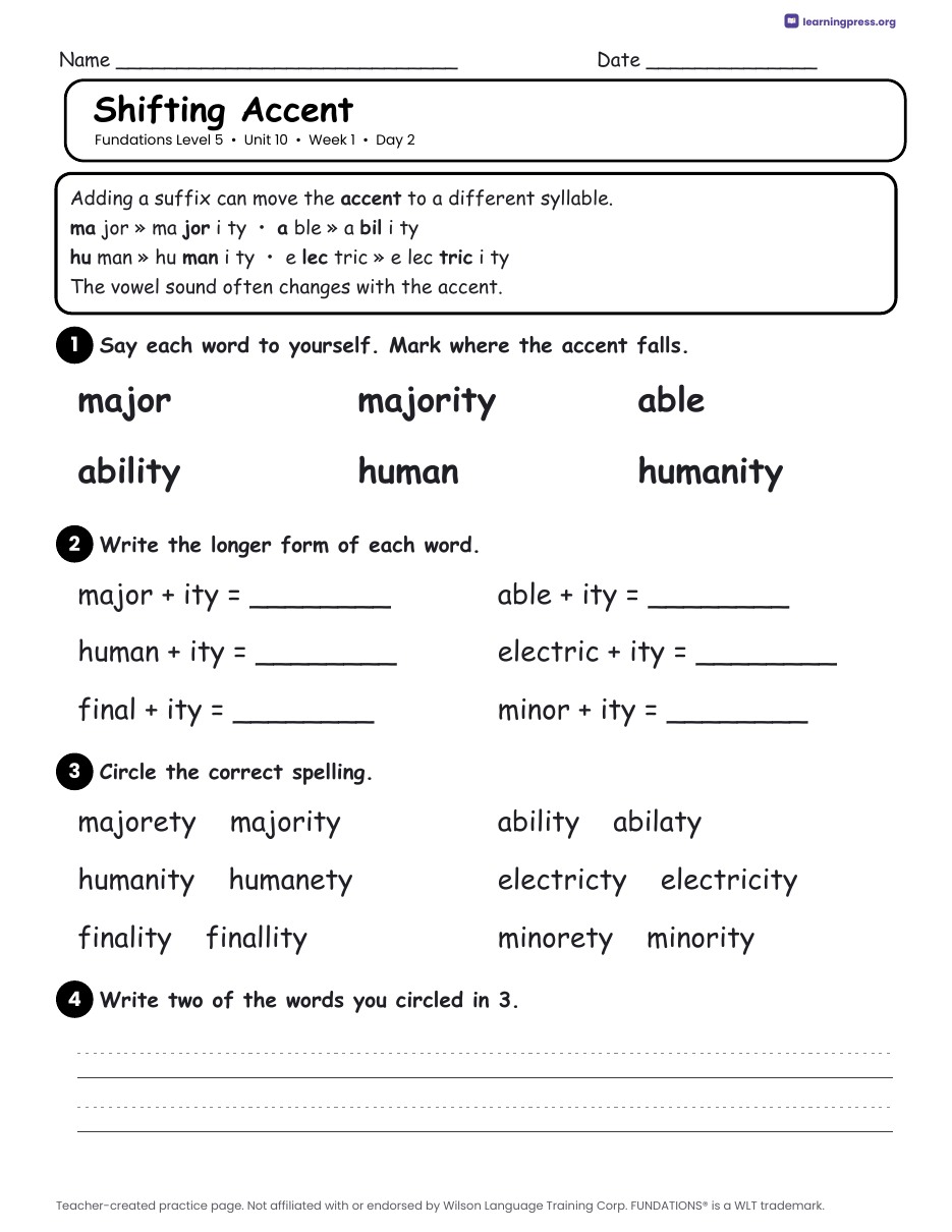 Preview page 1 of Fundations Level 5 Unit 10 Daily Lesson Work Pages