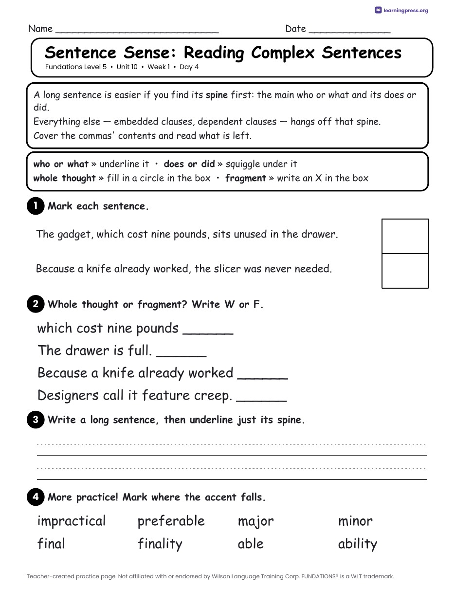 Preview page 2 of Fundations Level 5 Unit 10 Daily Lesson Work Pages
