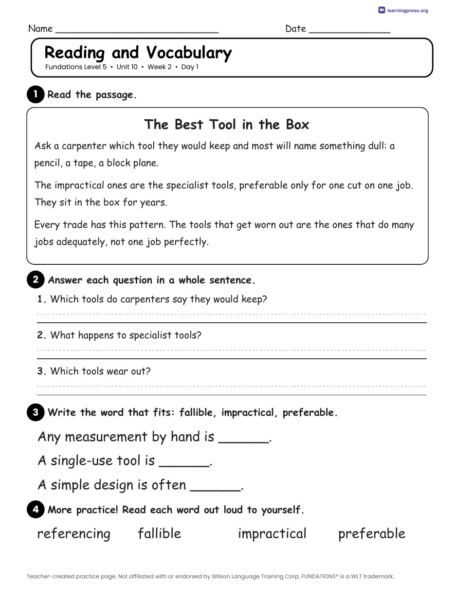 Preview page 3 of Fundations Level 5 Unit 10 Daily Lesson Work Pages