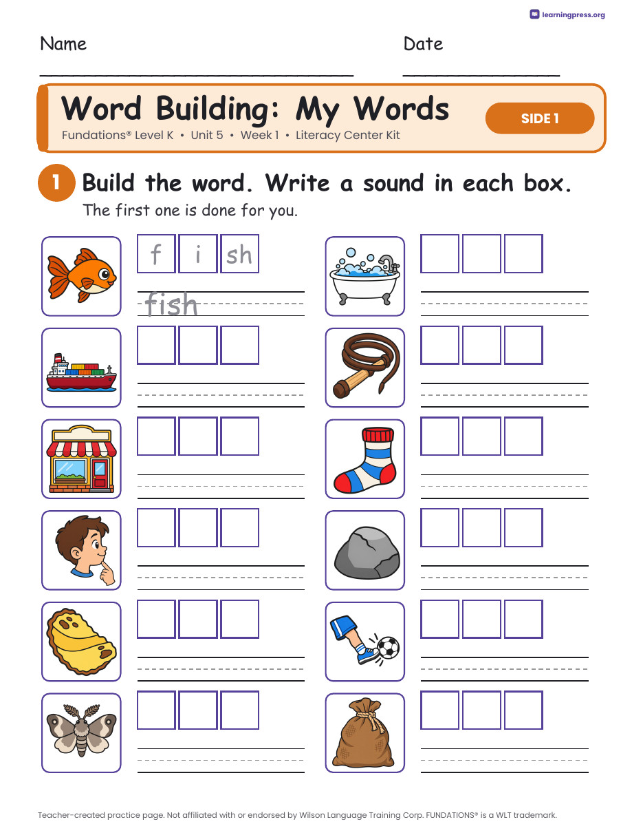 Preview page 2 of Fundations Level K Unit 5 Week 1 Literacy Center Kit