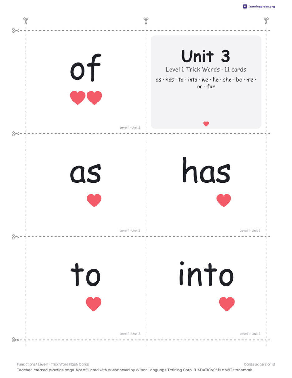Preview page 4 of Fundations Level 1 — Trick Word Flash Cards