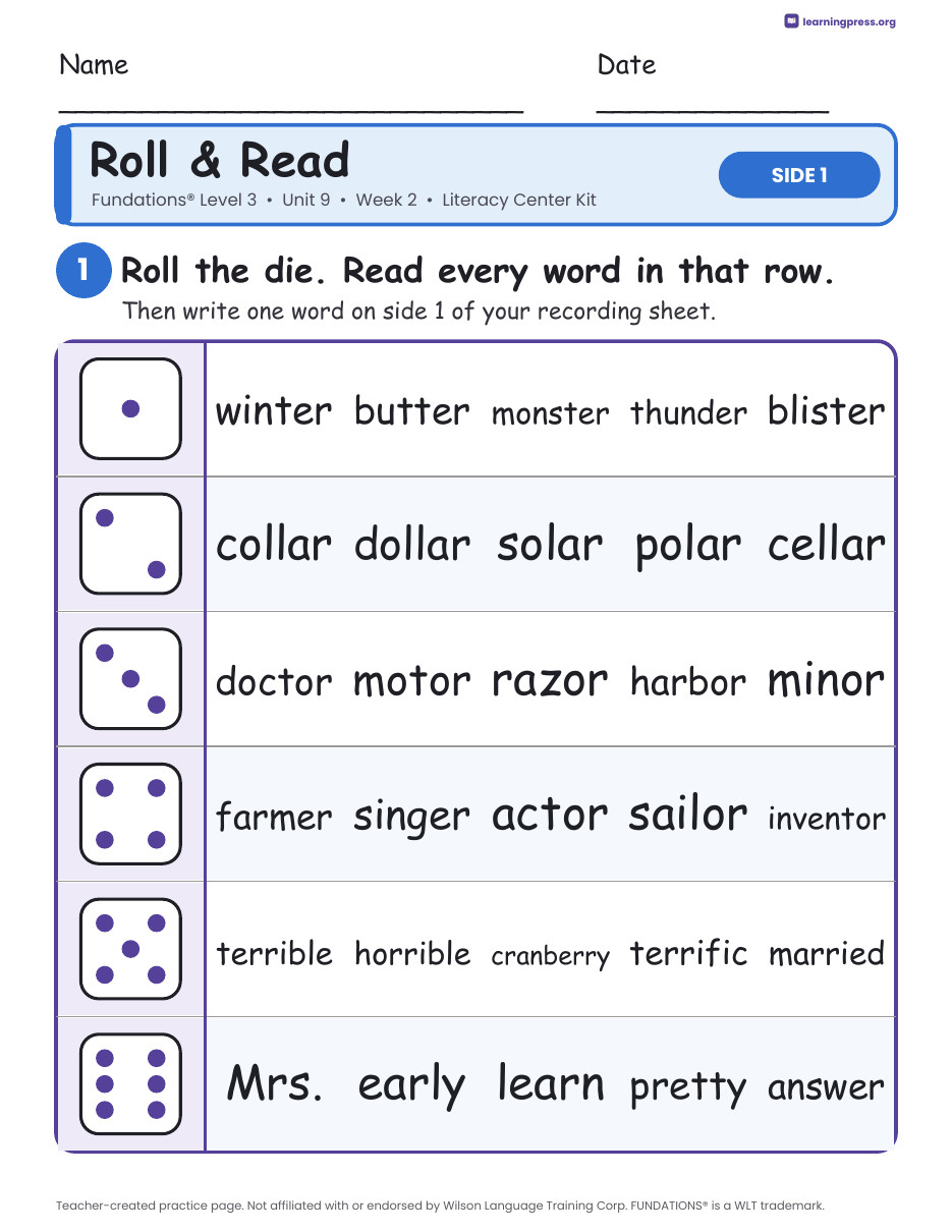 Preview page 1 of Fundations Level 3 Unit 9 Week 2 Literacy Center Kit