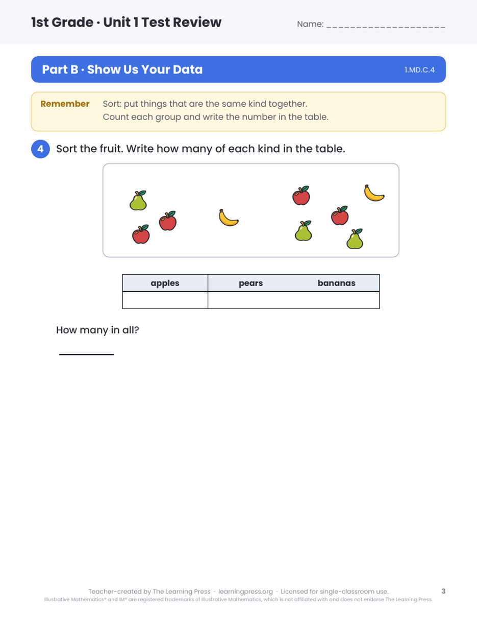 Preview page 1 of Illustrative Math (IM®) Aligned 1st Grade Test Review Bundle: All 7 Units