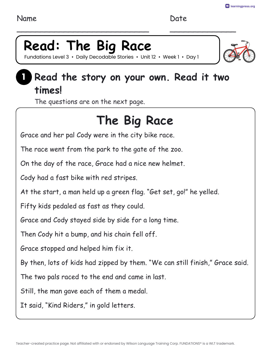 Preview page 1 of Fundations Level 3 Unit 12 Daily Decodable Stories