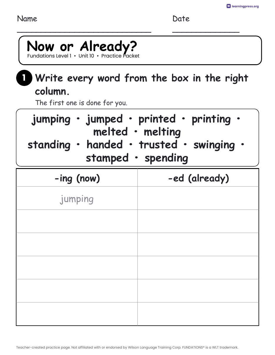 Preview page 2 of Fundations Level 1 Unit 10 Practice Packet