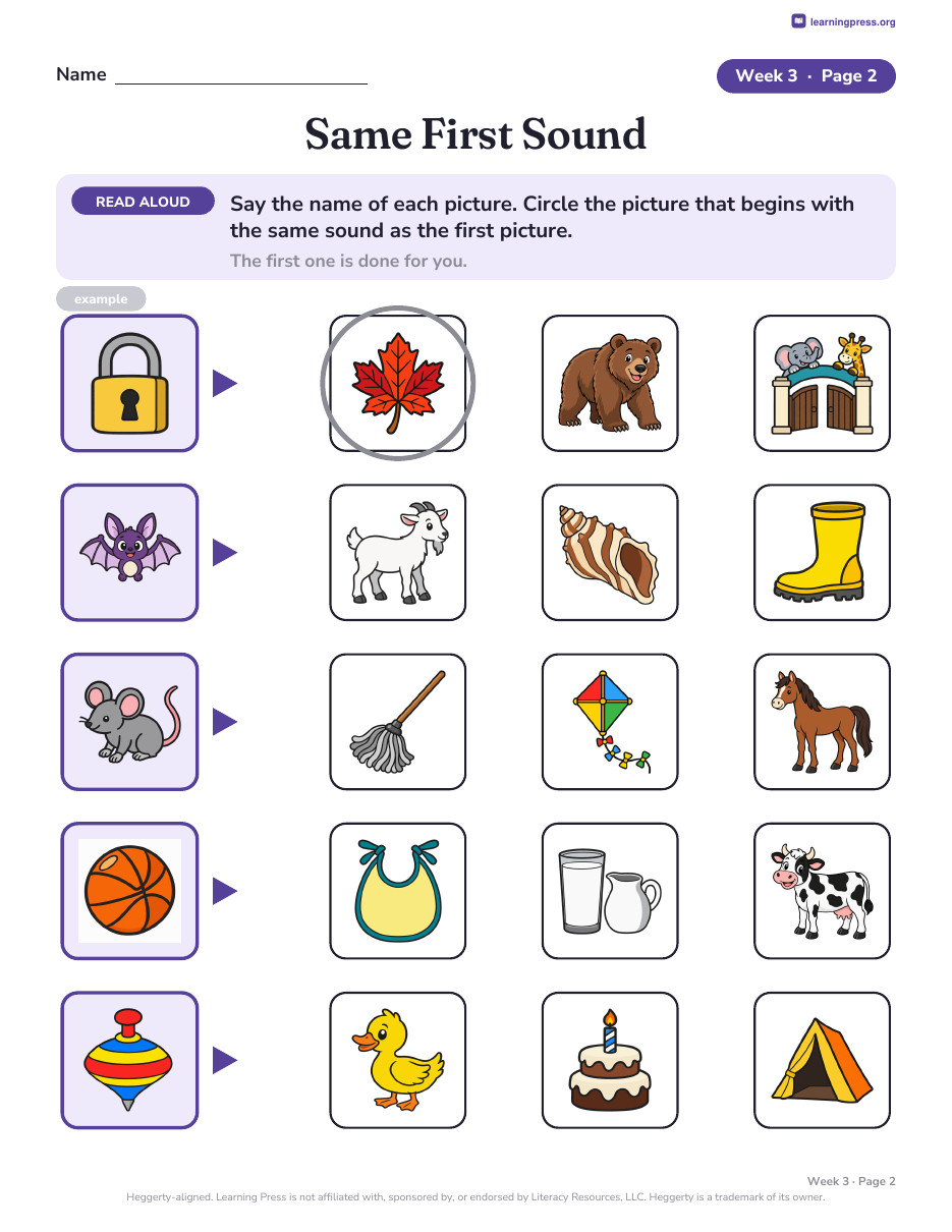 Preview page 3 of Heggerty-Aligned Kindergarten Phonemic Awareness Practice Pages | 35 Weeks