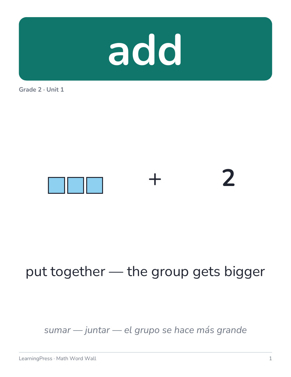 Preview page 1 of Illustrative Math (IM®) Aligned 2nd Grade Math Word Wall (English & Spanish)