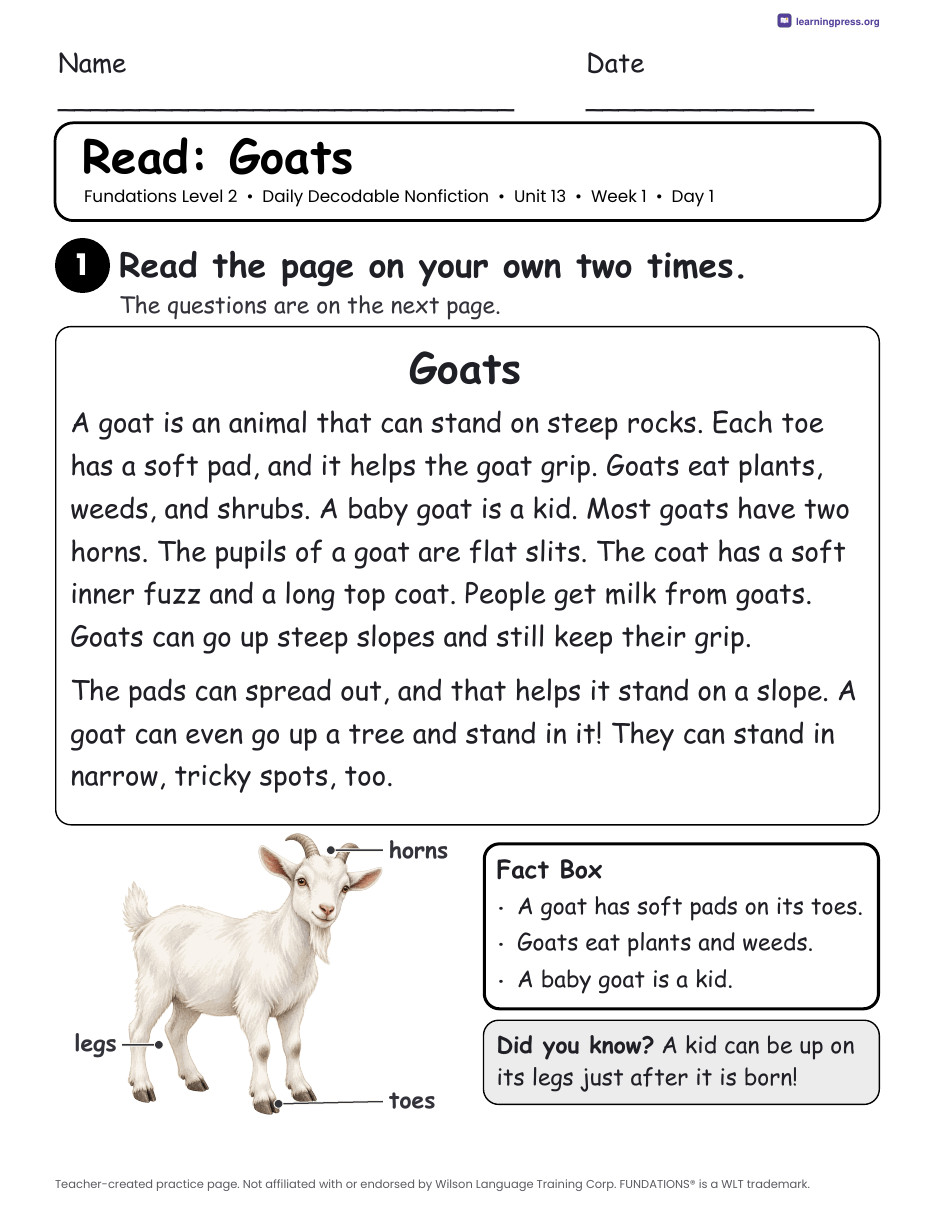 Preview page 1 of Fundations-Aligned Daily Decodable Nonfiction · Level 2 Unit 13