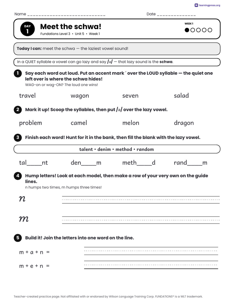 Preview page 1 of Fundations Level 3 Unit 5 Daily Lesson Work Pages