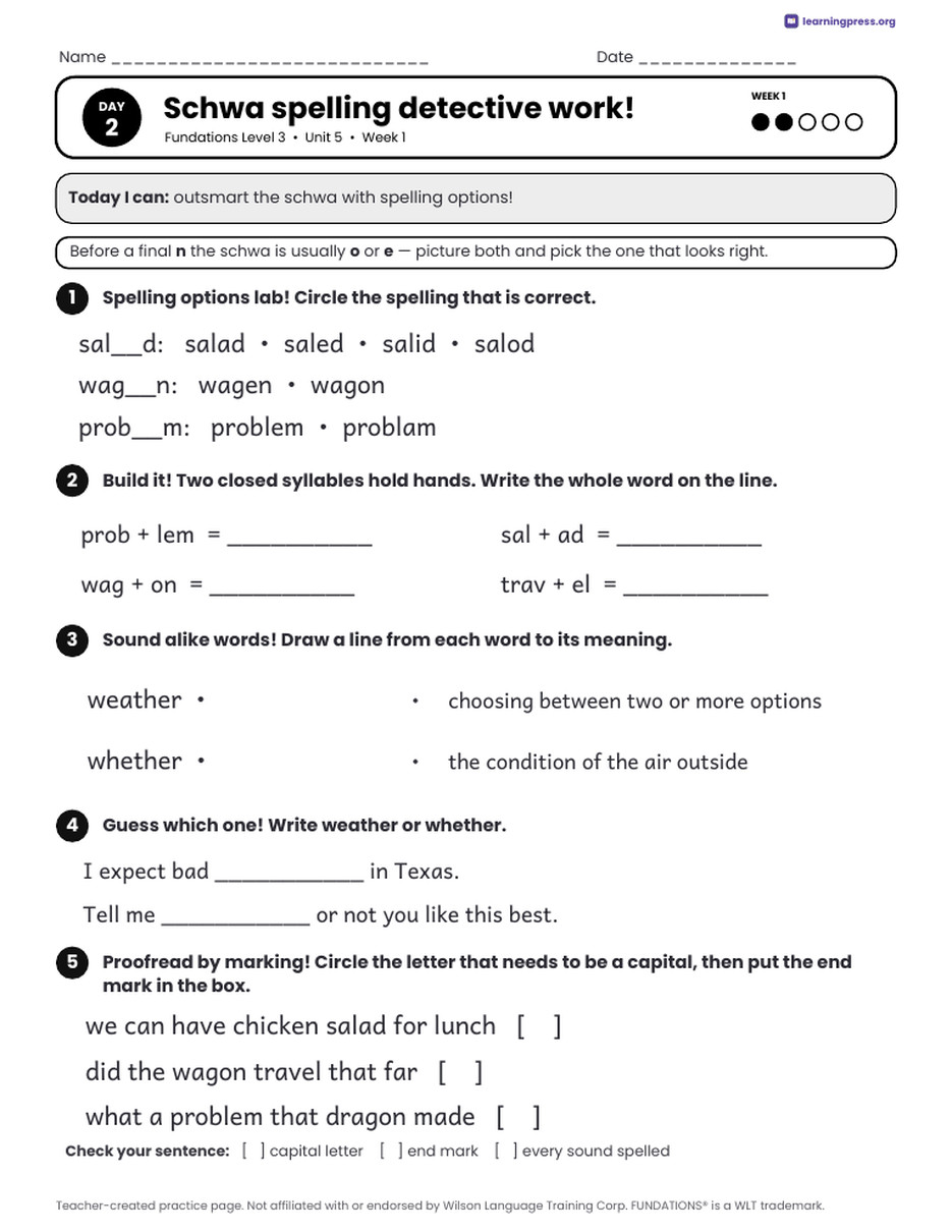 Preview page 2 of Fundations Level 3 Unit 5 Daily Lesson Work Pages