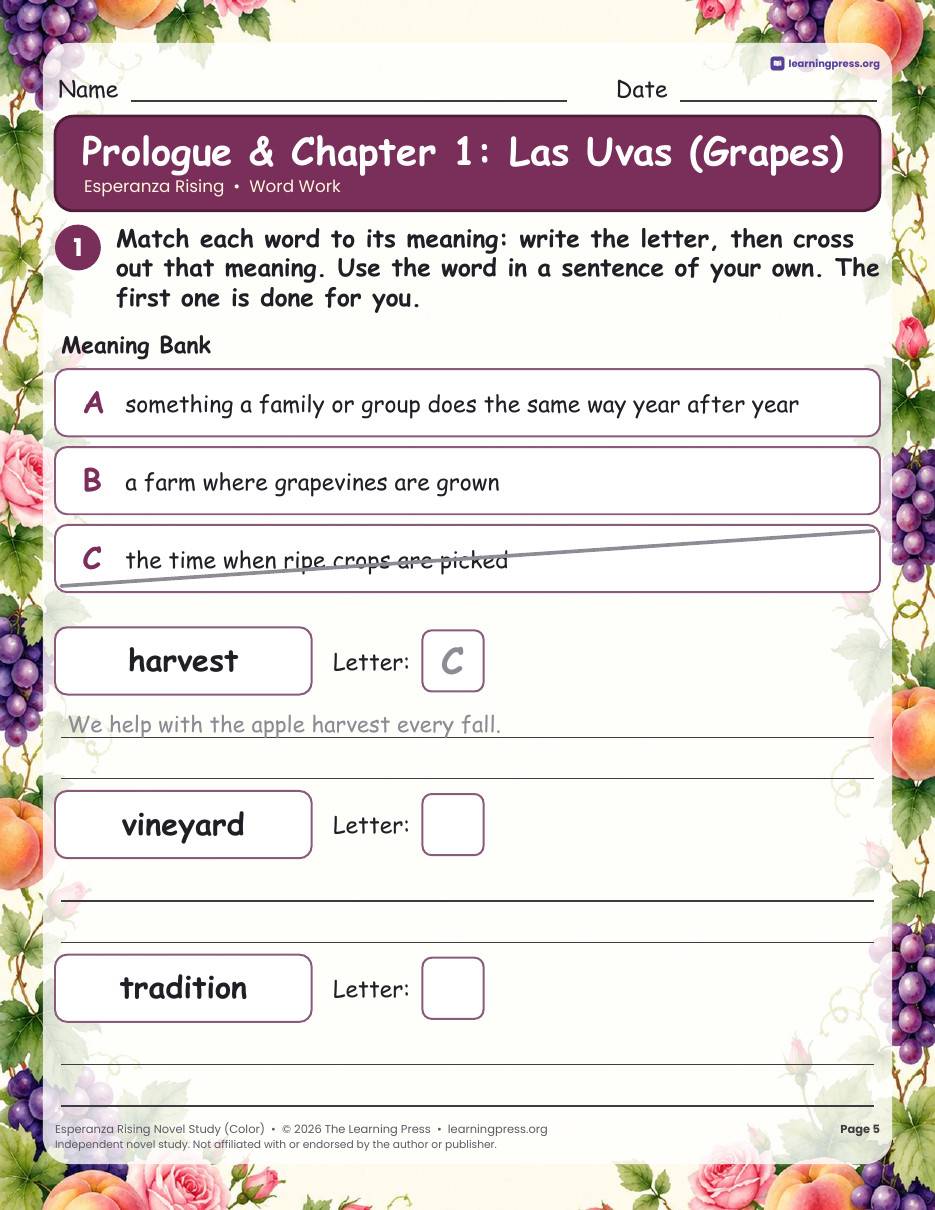 Preview page 2 of Esperanza Rising Novel Study · Chapter Questions, Vocabulary & Activities