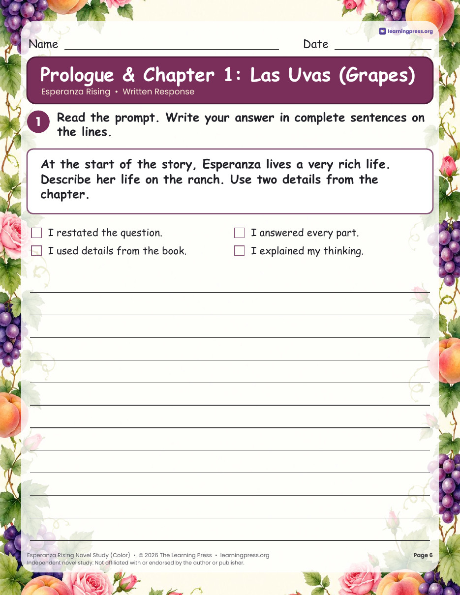 Preview page 3 of Esperanza Rising Novel Study · Chapter Questions, Vocabulary & Activities
